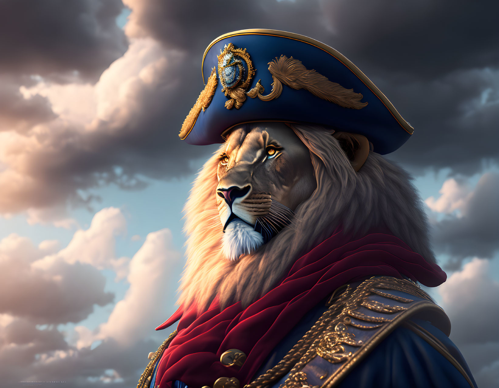 Regal lion in military uniform with captain's hat against dramatic sky