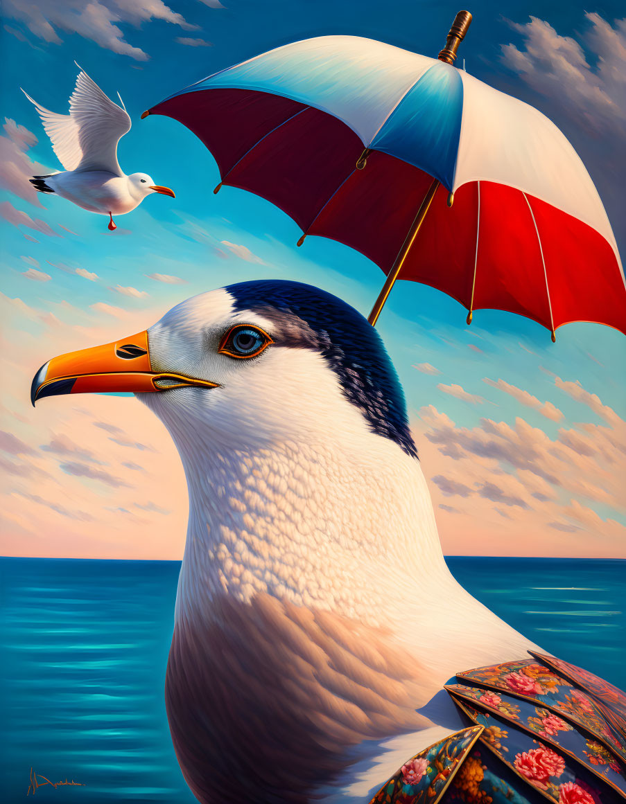 Surreal illustration: Seagull with human eye, floral garment, red and white umbrella