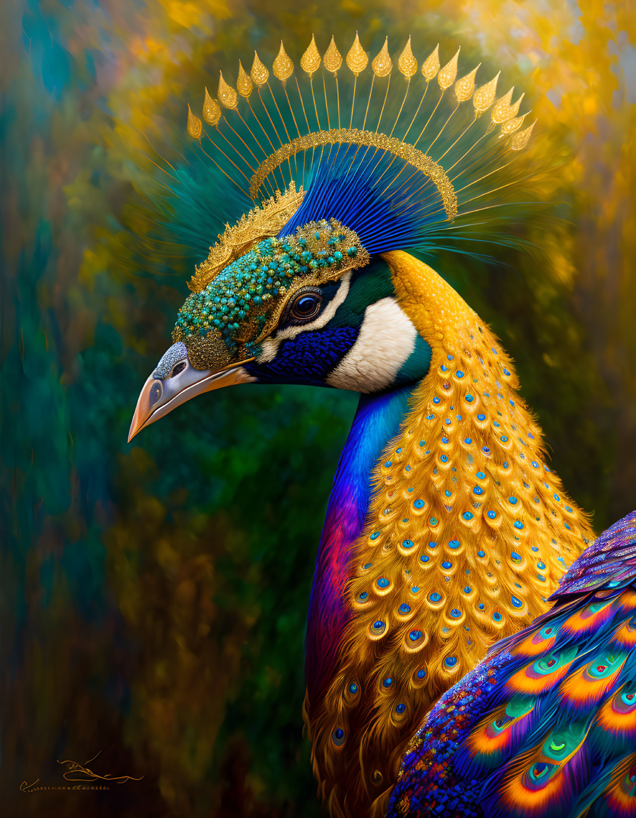 Vibrant blue and gold peacock plumage against green foliage