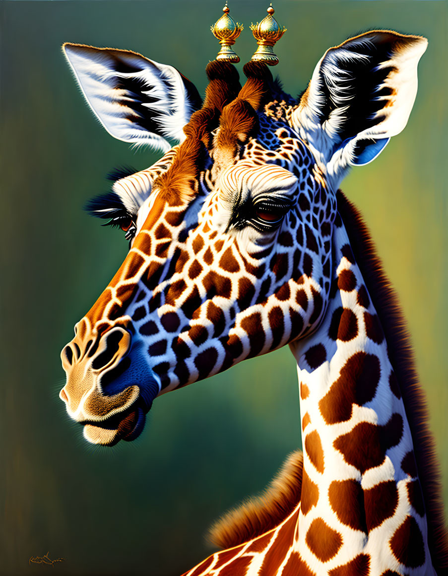 Animated giraffe with intricate golden earrings