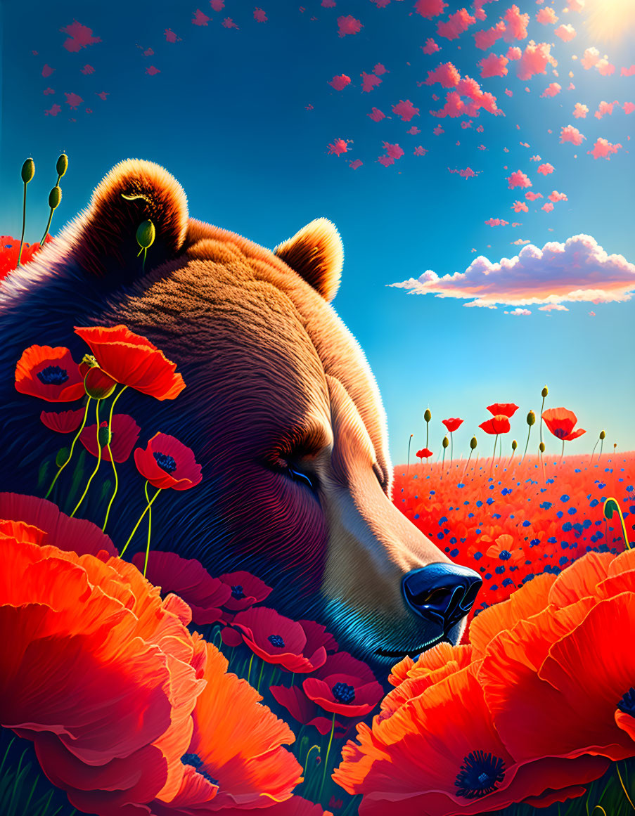 Tranquil bear in red poppy field under blue sky