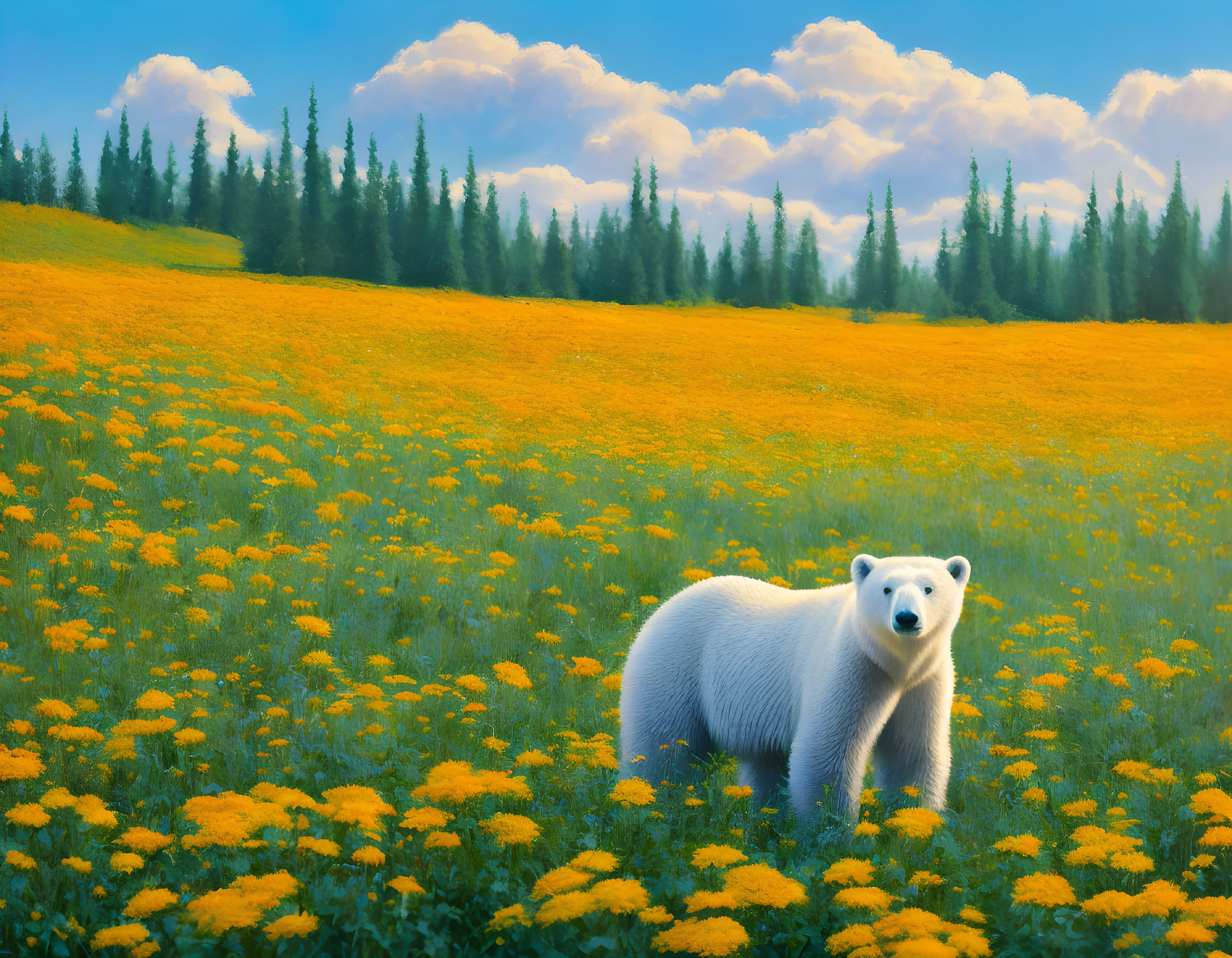 Polar bear in yellow flower field with green trees and blue sky