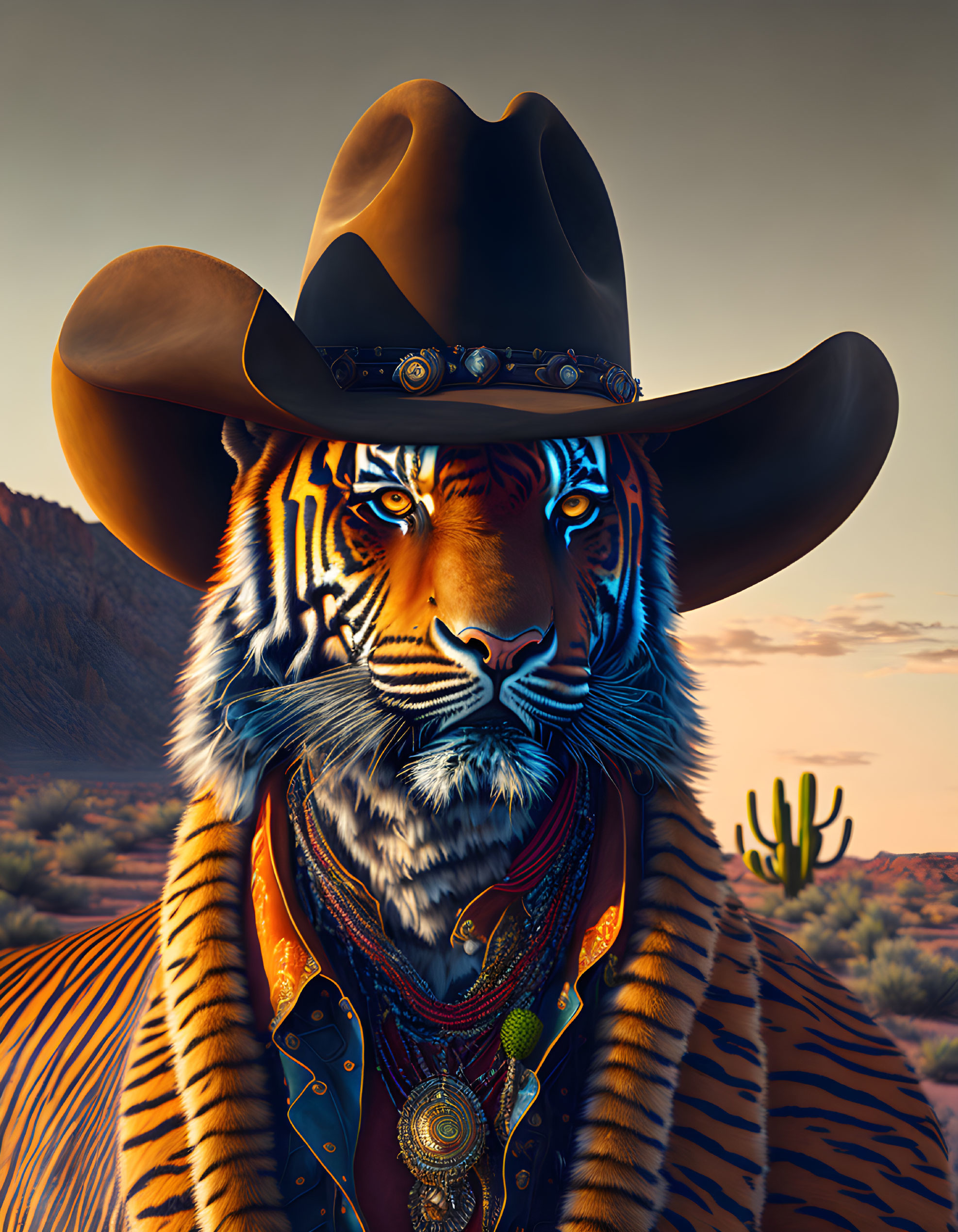 Tiger with human body in cowboy attire in desert landscape