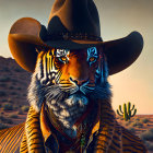 Tiger with human body in cowboy attire in desert landscape