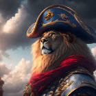 Regal lion in military uniform with captain's hat against dramatic sky