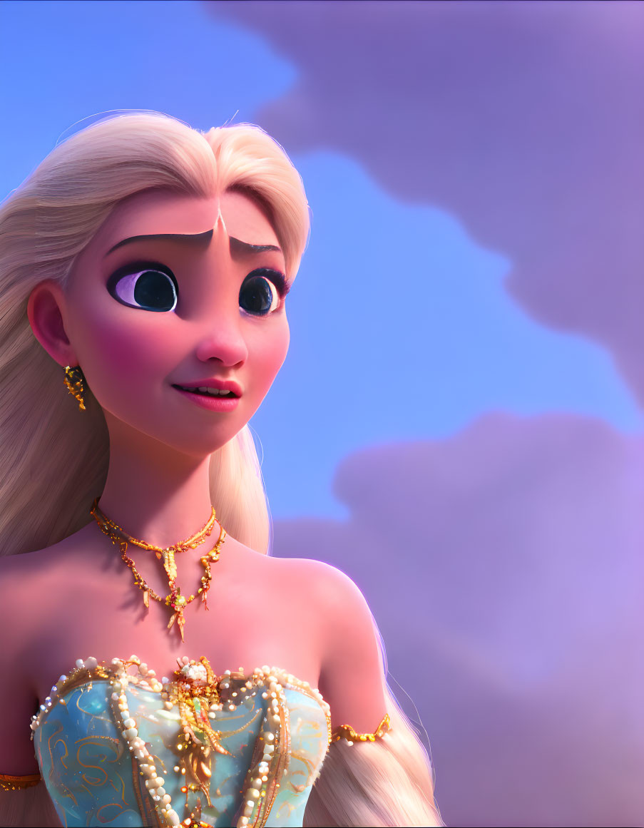 Blonde animated character in blue and gold dress against purple sky