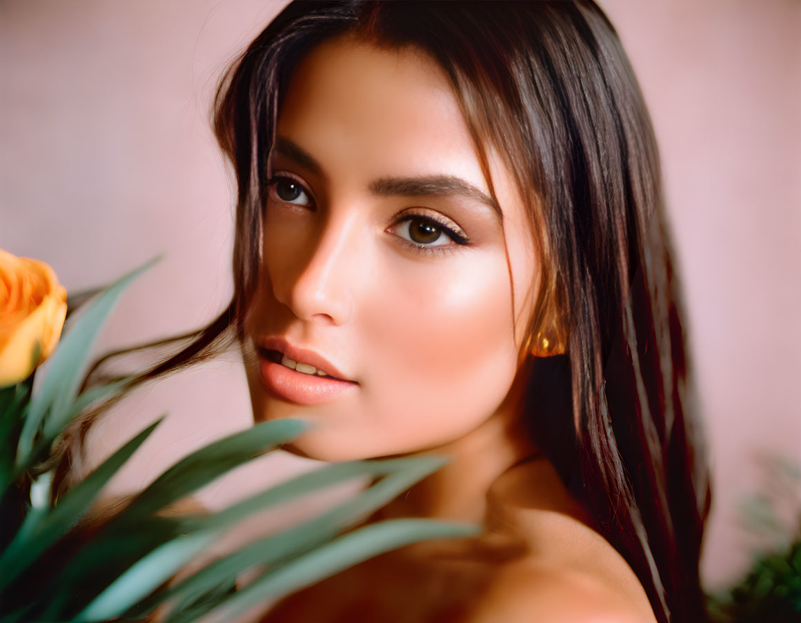 Dark-Haired Woman with Striking Eyes Among Green Leaves