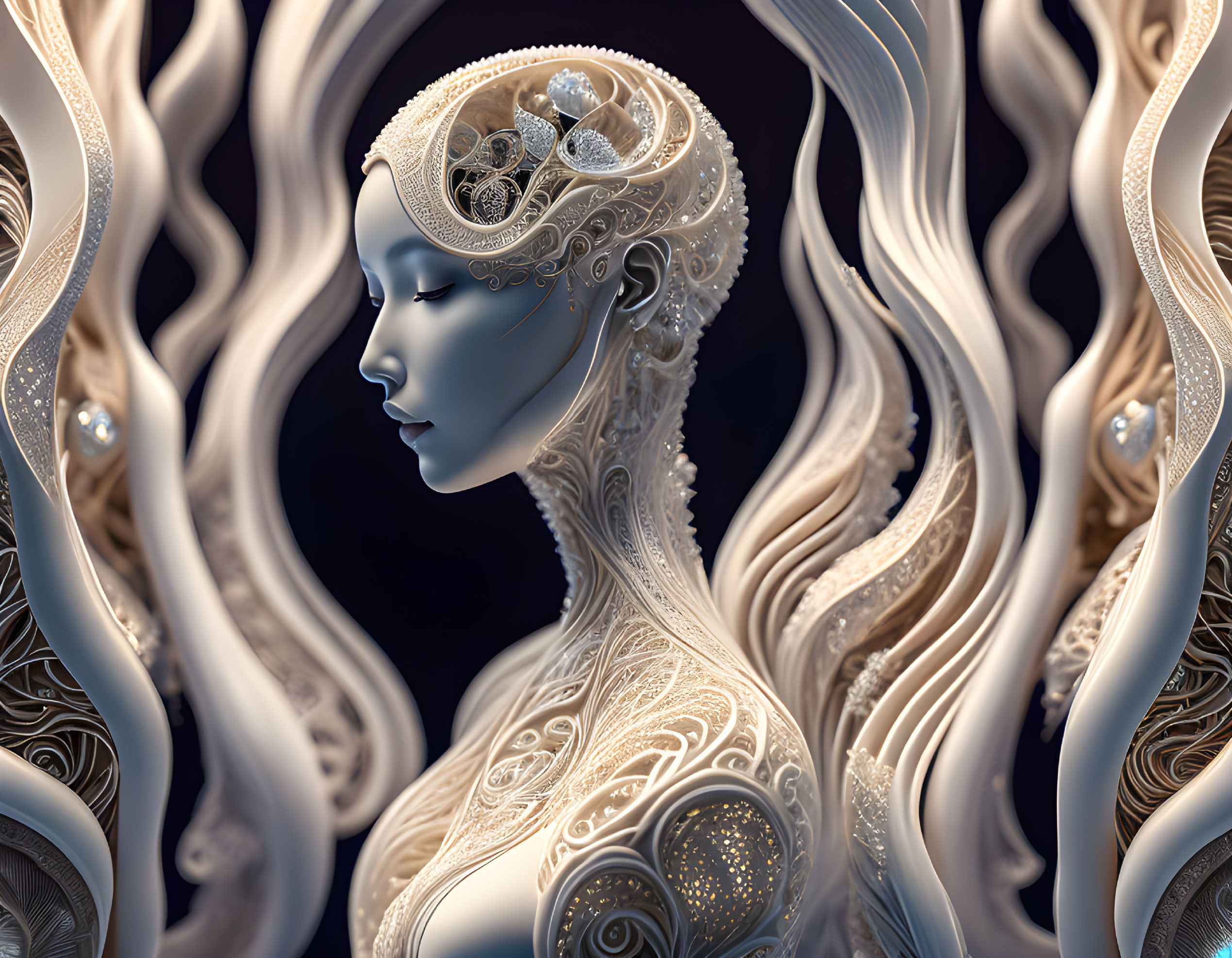 Detailed artwork: Female figure with gear patterns, reflective surfaces, and flowing forms