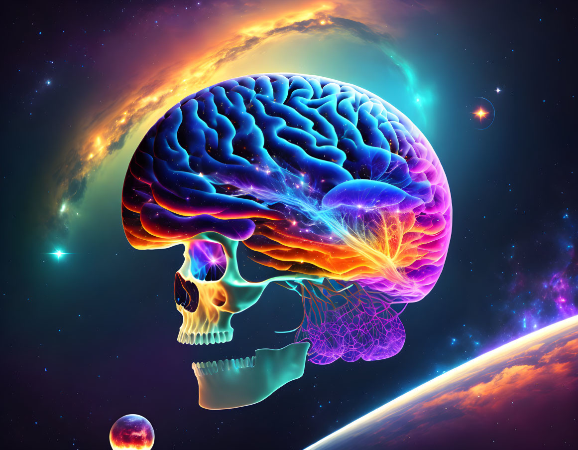 Colorful digital artwork: Human skull and brain with cosmic neon colors on starry background