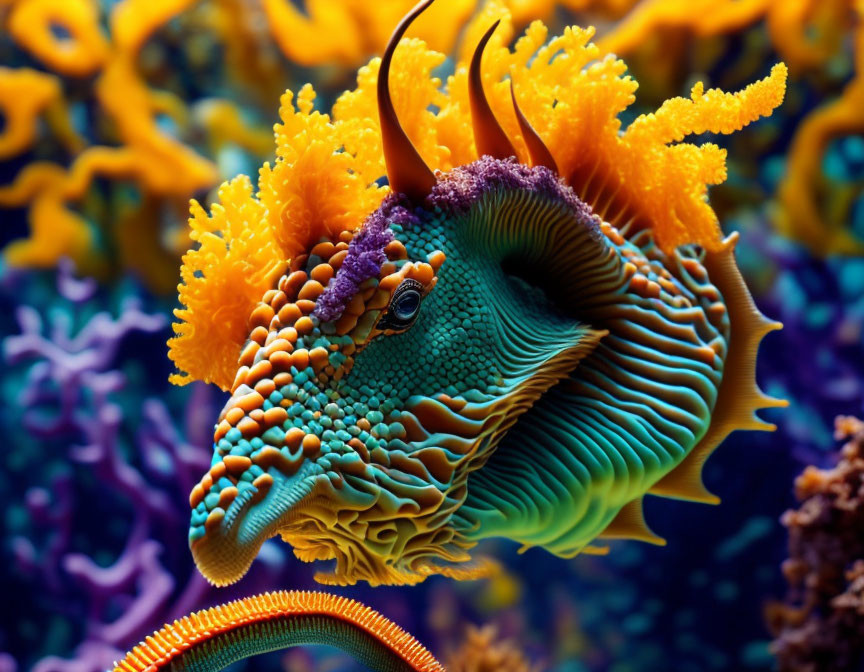 Colorful mandarinfish swimming near yellow coral with blue-green scales and orange fins