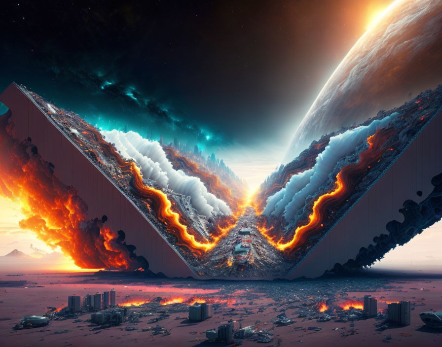 Surreal apocalyptic cityscape with massive walls and fiery ice storm.