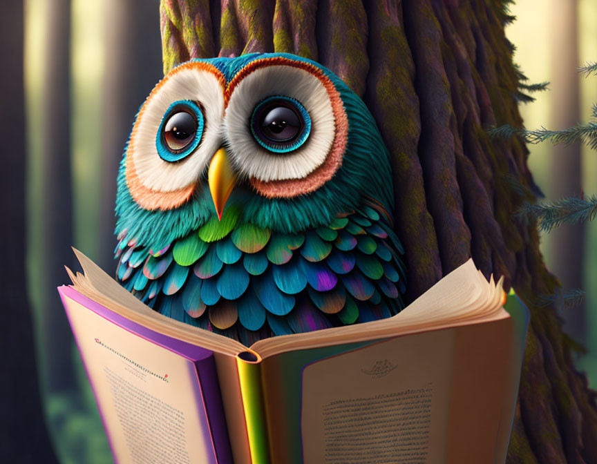 Cartoonish owl on open book with tree trunks in soft lighting