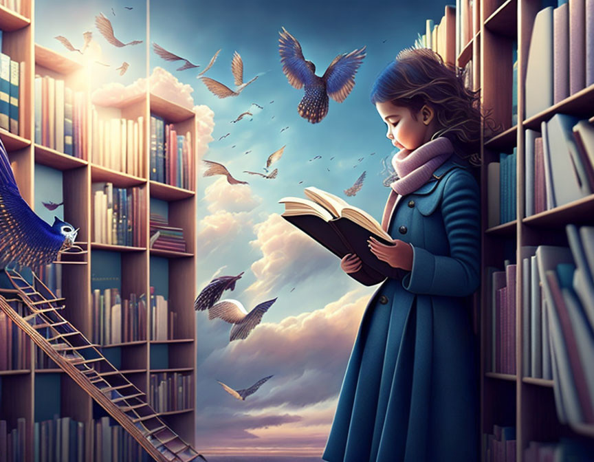 Girl in Blue Coat Reading Book Surrounded by Towering Bookshelves