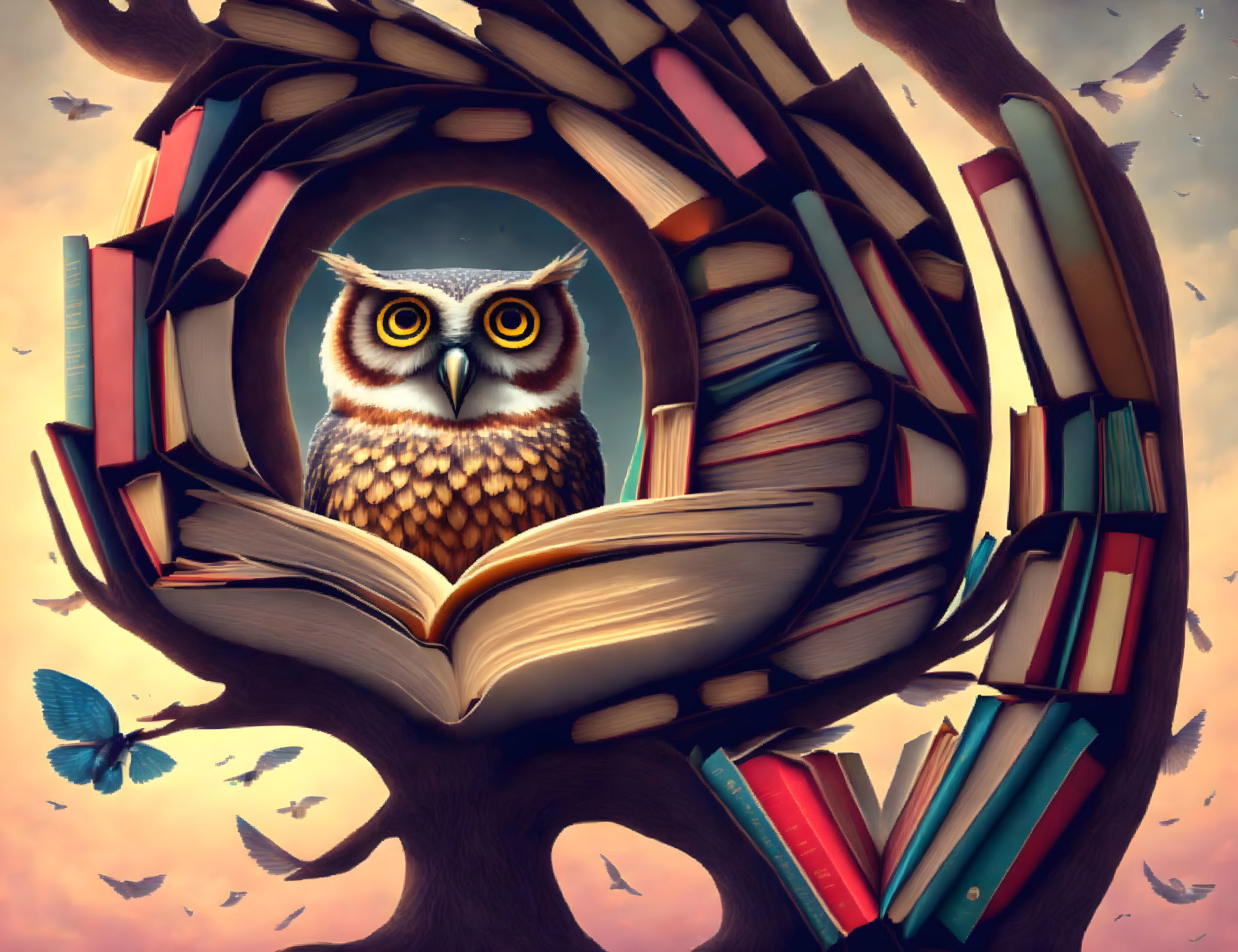 Owl in tree hollow with books, butterfly, twilight sky