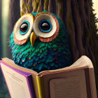 Cartoonish owl on open book with tree trunks in soft lighting