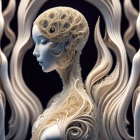 Detailed artwork: Female figure with gear patterns, reflective surfaces, and flowing forms