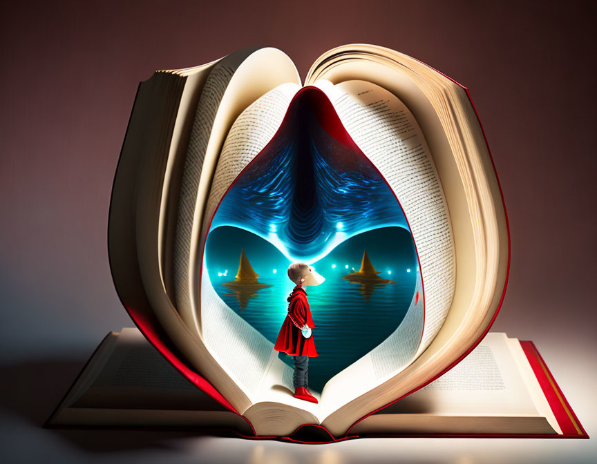 Open book heart shape with child on dock, water reflections, lamp posts.