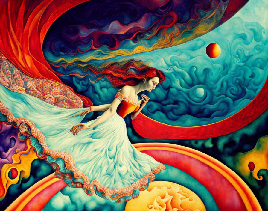 Surreal painting of woman in flowing dress with vibrant red and blue swirls