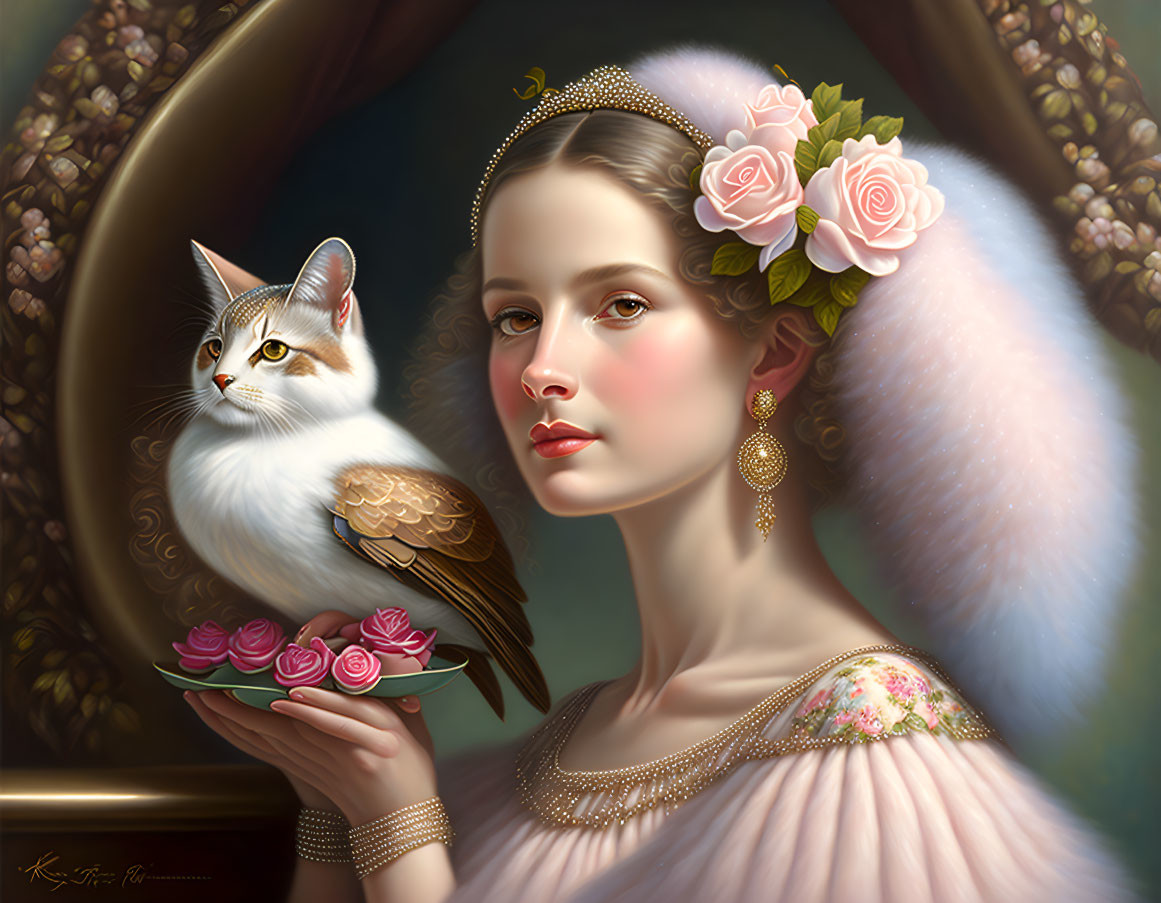 Regal woman holding a plate with roses and majestic winged cat - elegant fantasy blend