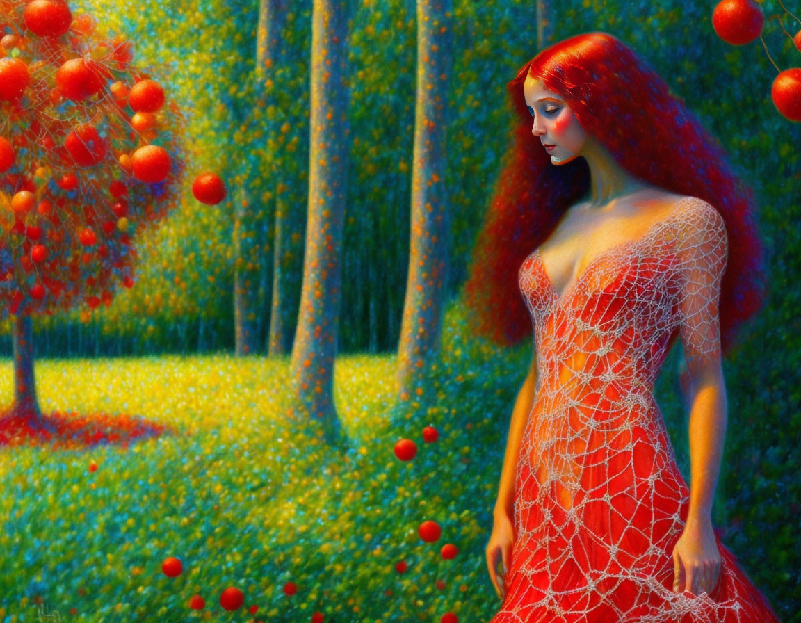 Red-haired woman in lace dress in surreal forest with glowing orbs and blue trees