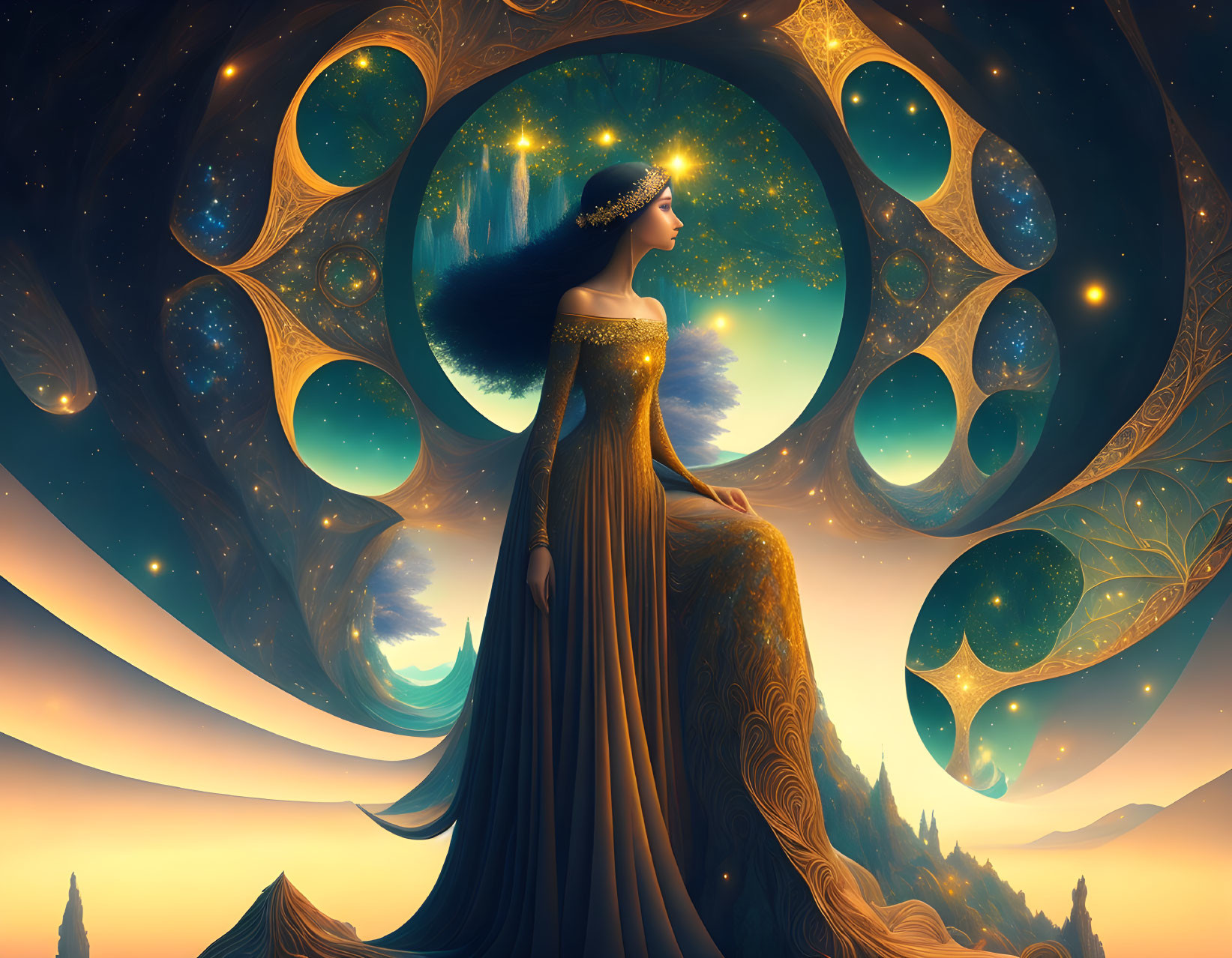 Illustration of woman with stars in hair in cosmic landscape