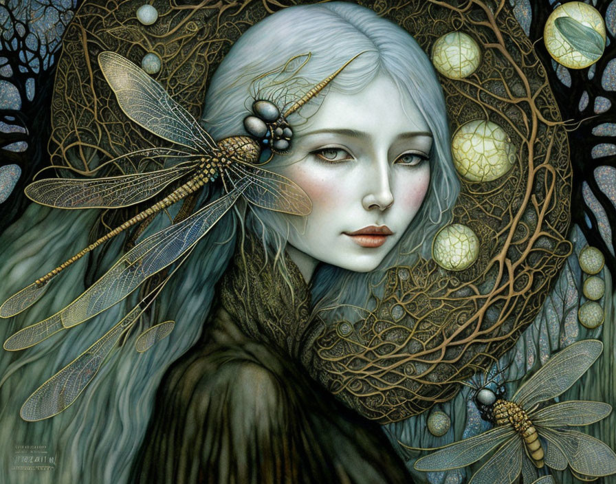 Ethereal woman with golden dragonflies in dark forest