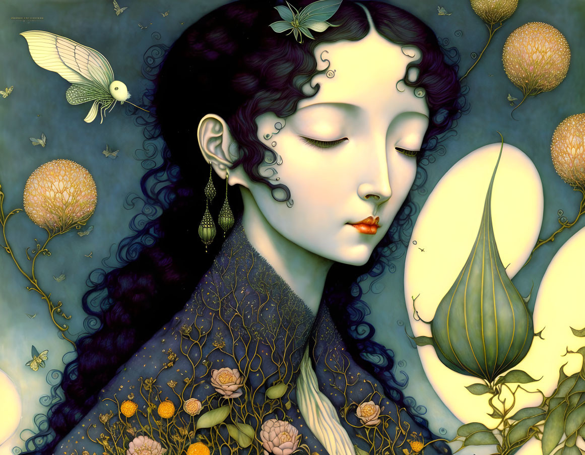 Woman with closed eyes and floral patterns in surreal scene.