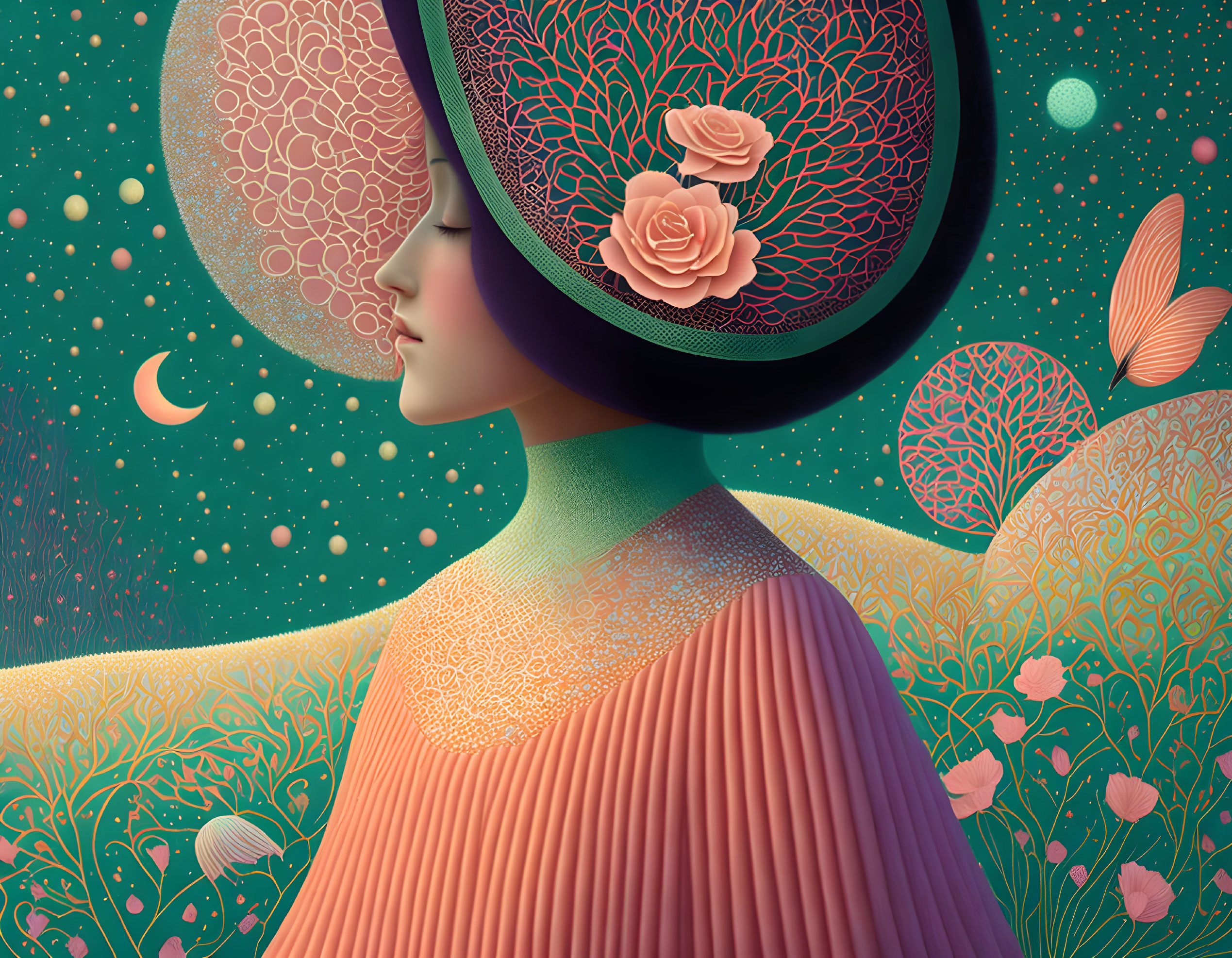 Stylized woman profile with floral headdress on gradient background.