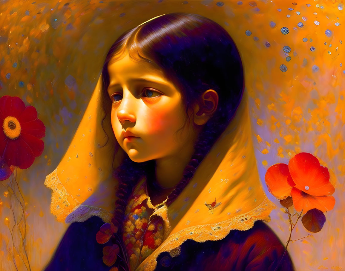 Young girl in solemn expression surrounded by vibrant orange hues and red poppies