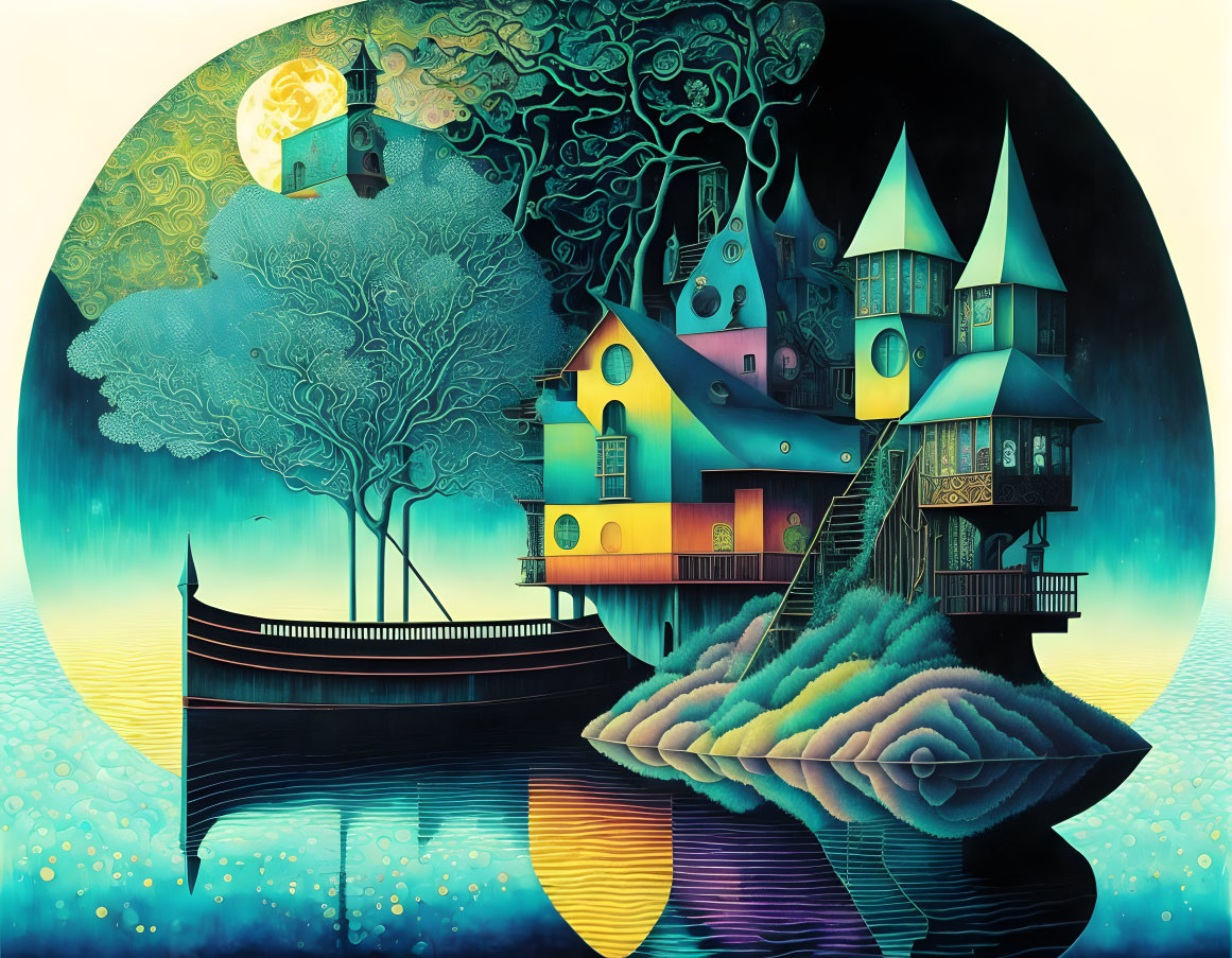 Colorful Surreal Landscape with Whimsical Houses, Tree, Boat, and Moonlit Sky