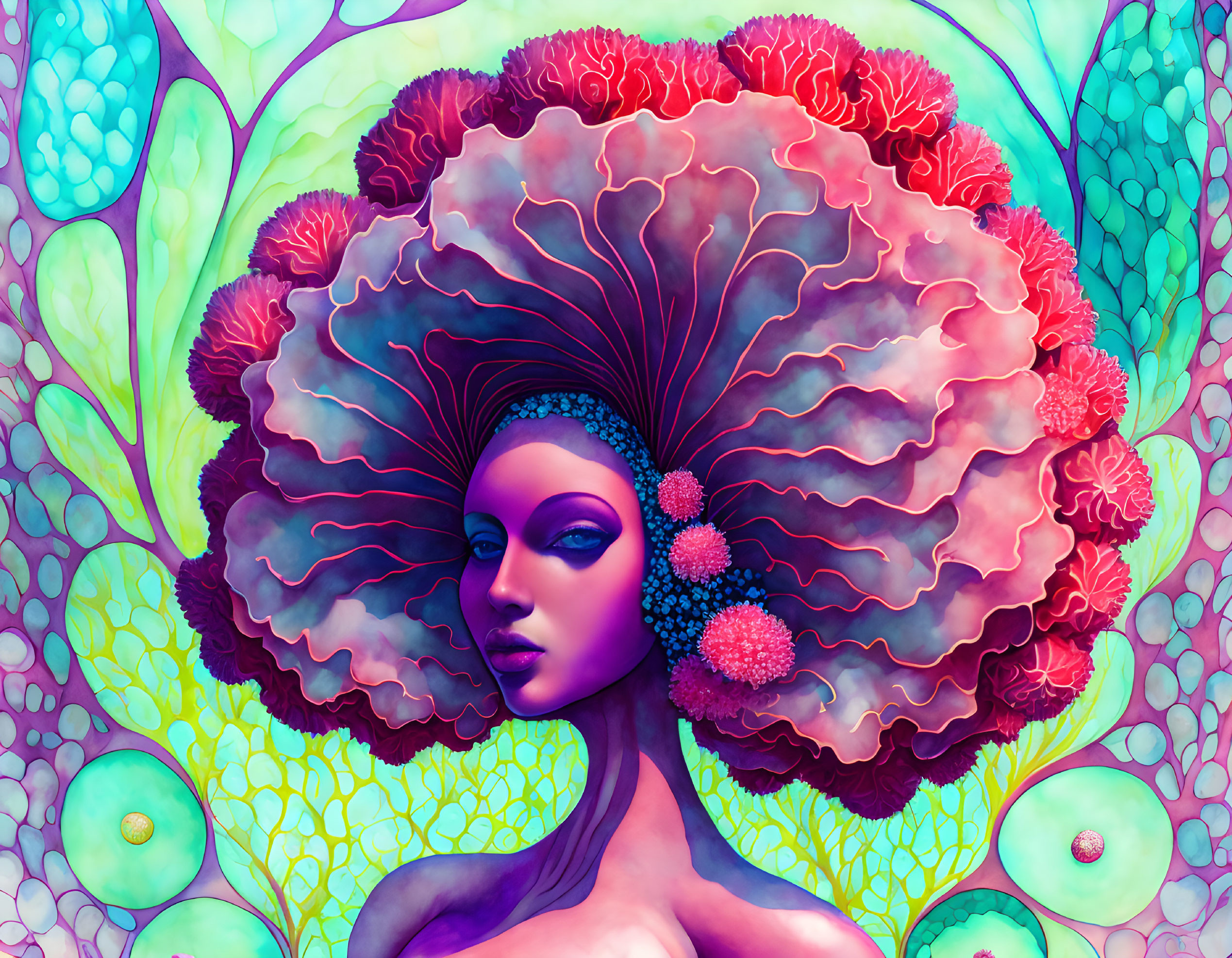 Colorful marine-themed artwork featuring a woman with coral-like headdress