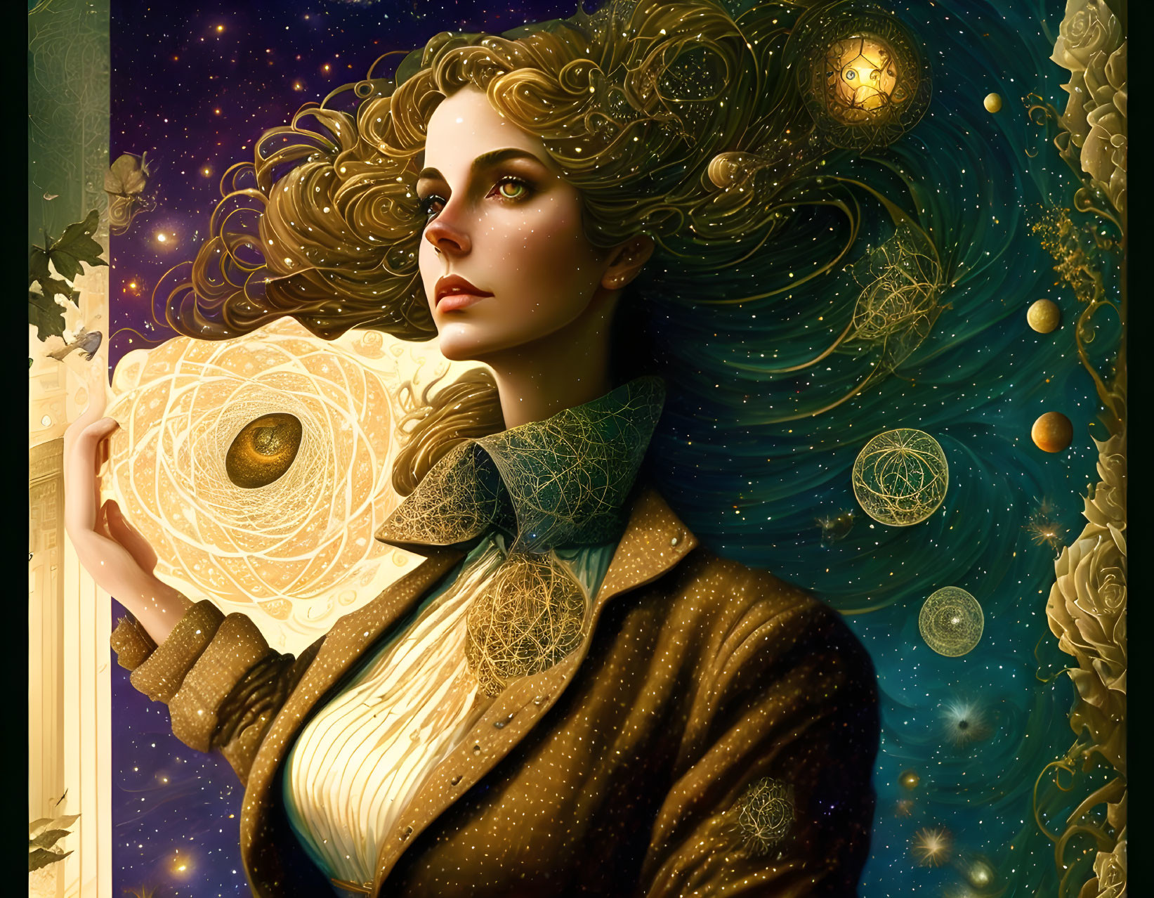 Illustration of woman with starry hair in cosmic setting