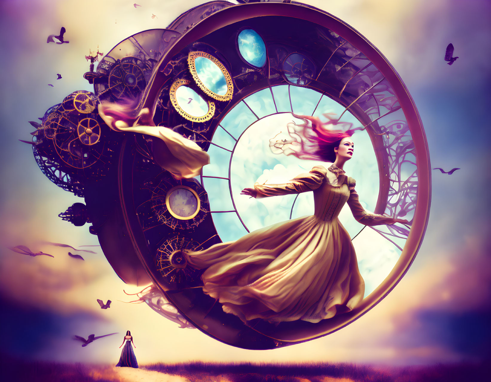 Surreal illustration of woman in flowing dress in abstract clock structure