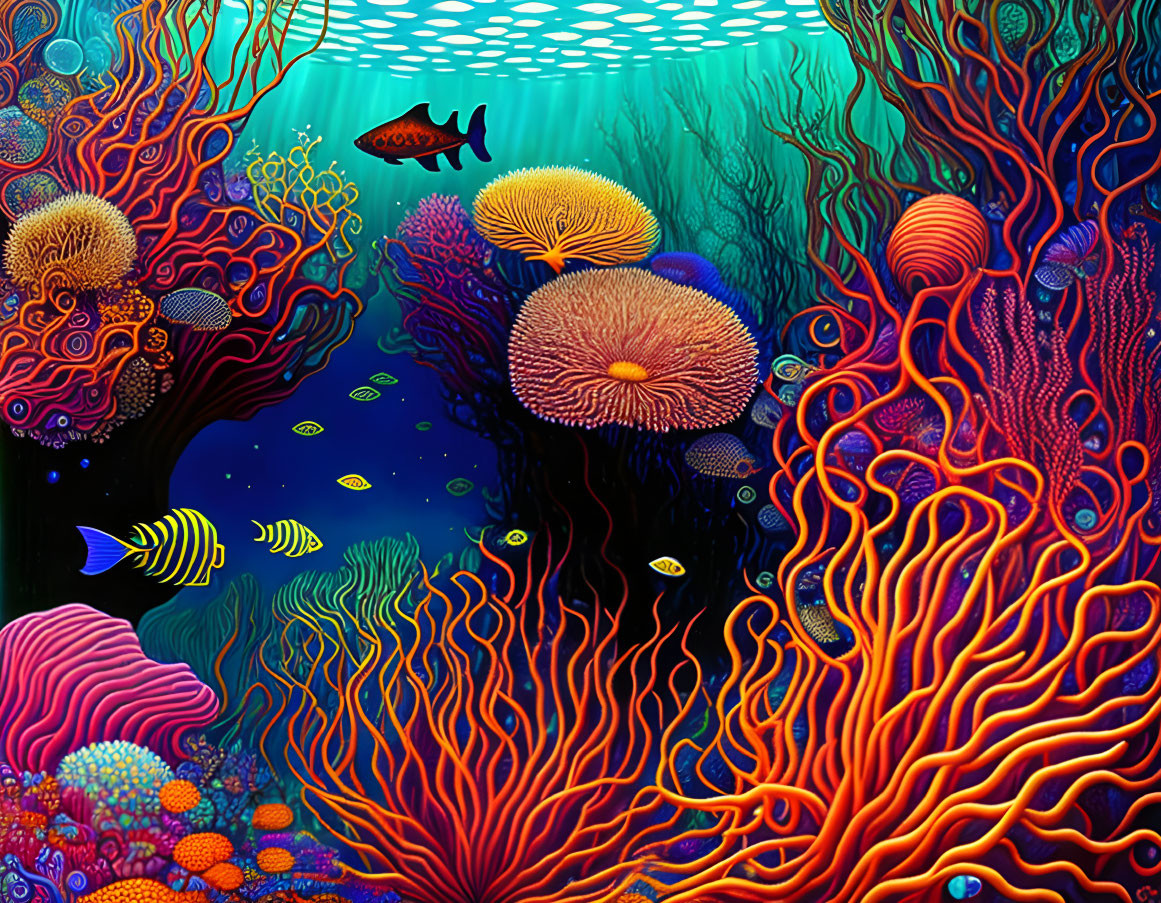 Colorful Coral Reefs and Diverse Fish in Vibrant Underwater Scene