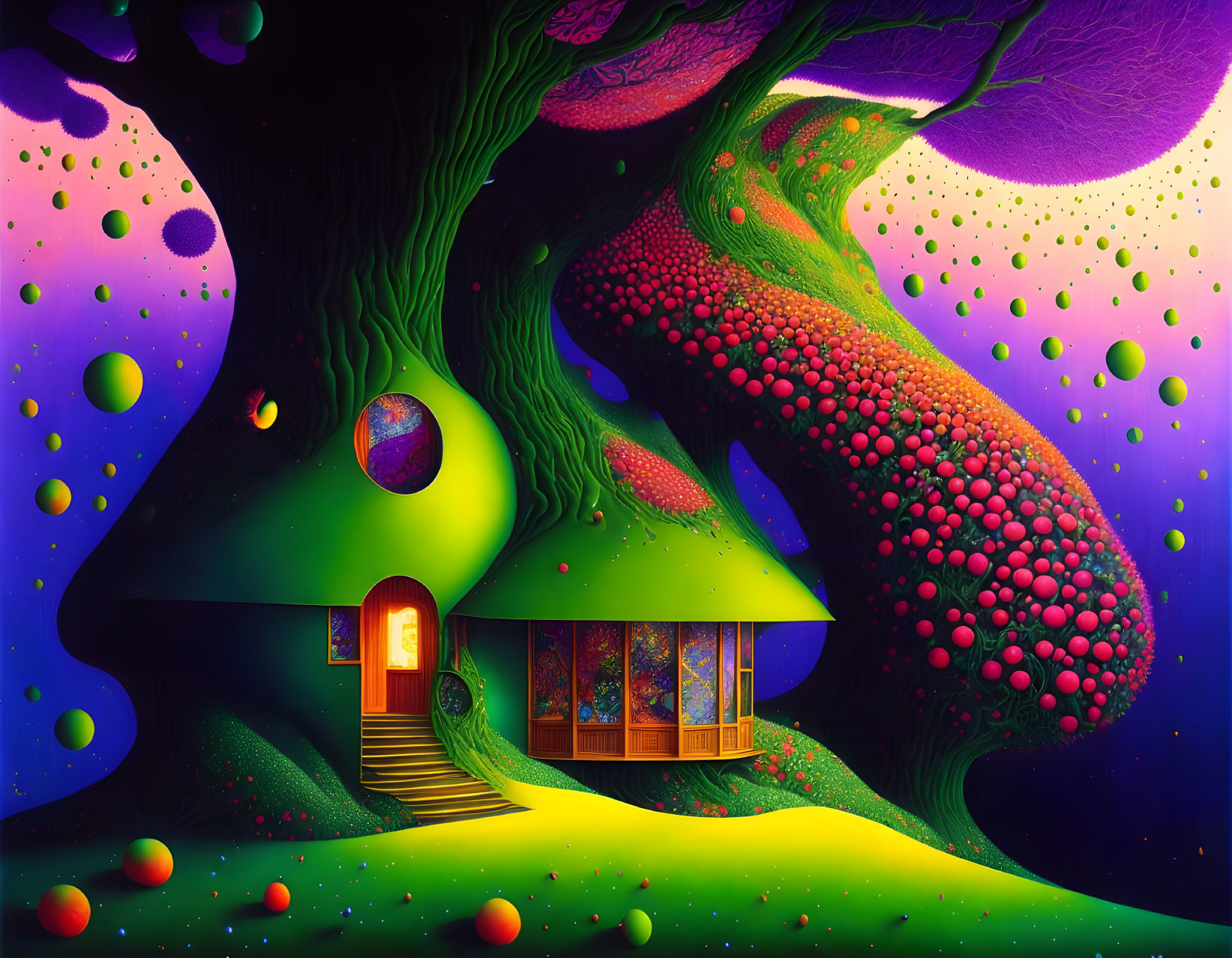 Colorful surreal landscape with treehouse, orbs, hills, and starlit sky