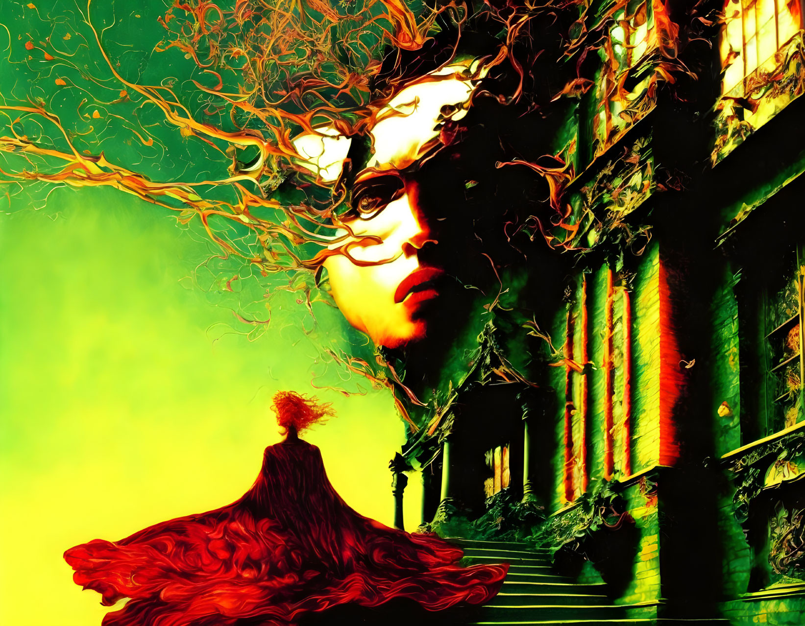 Surreal Woman's Face Blended with Tree Hair and Old Building on Vibrant Background