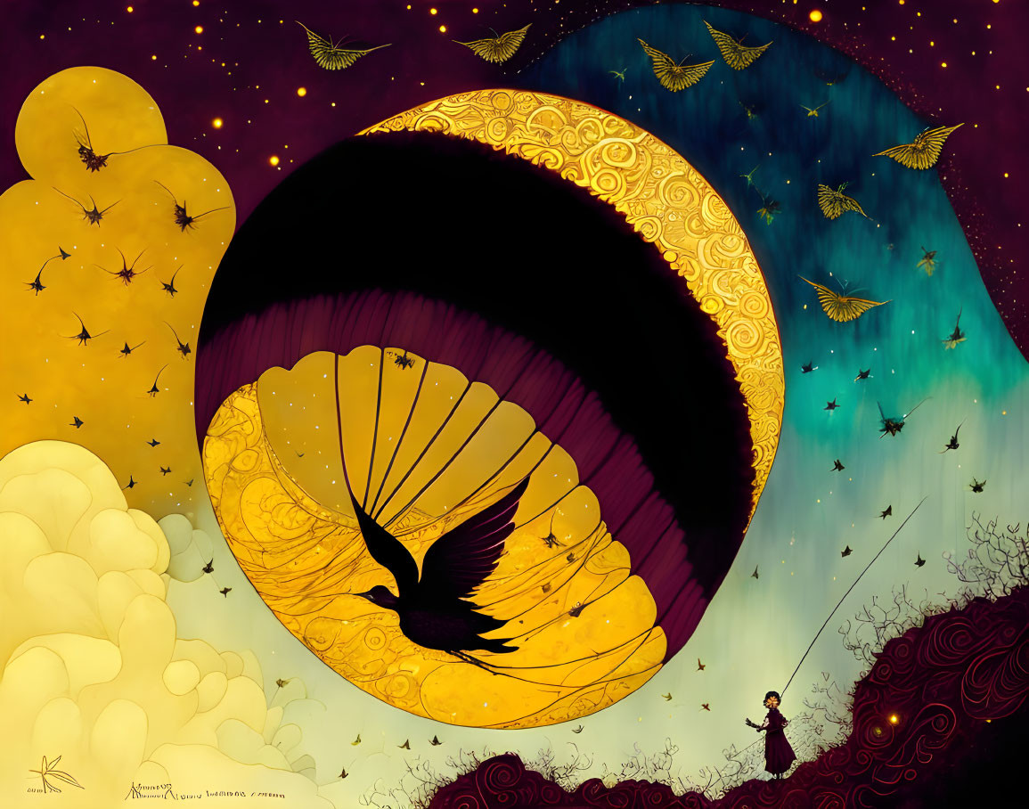 Colorful surreal moon illustration with birds, figure, and starry sky.