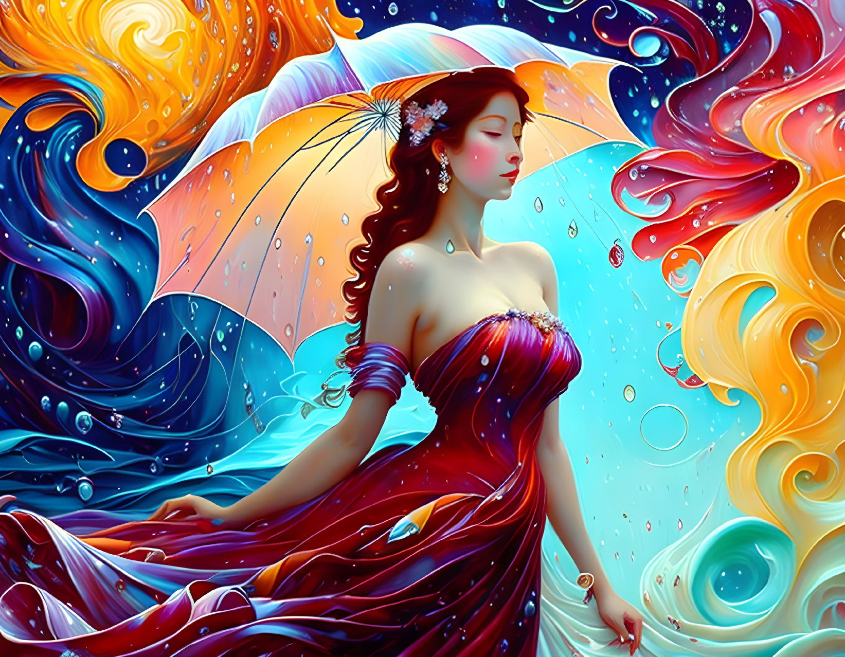 Colorful Illustration: Woman with Umbrella in Fantastical Scene