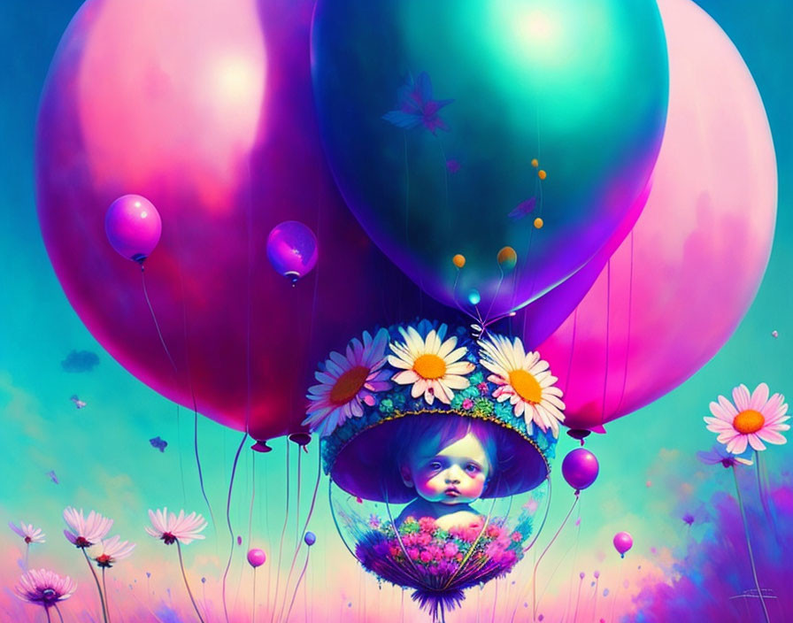 Colorful digital artwork: Baby in flower basket with balloons