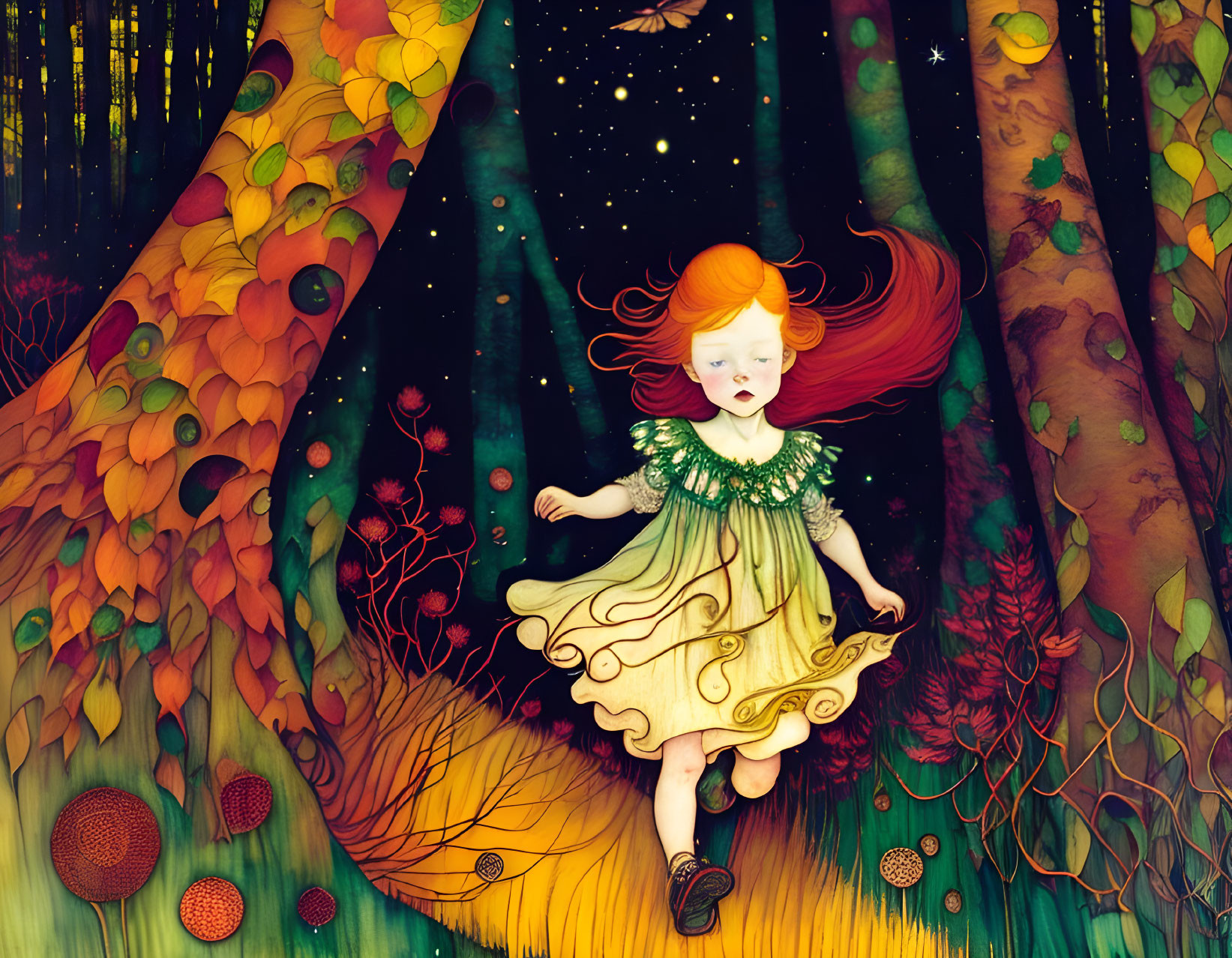 Colorful illustration: Young girl with red hair in yellow dress running through whimsical forest.