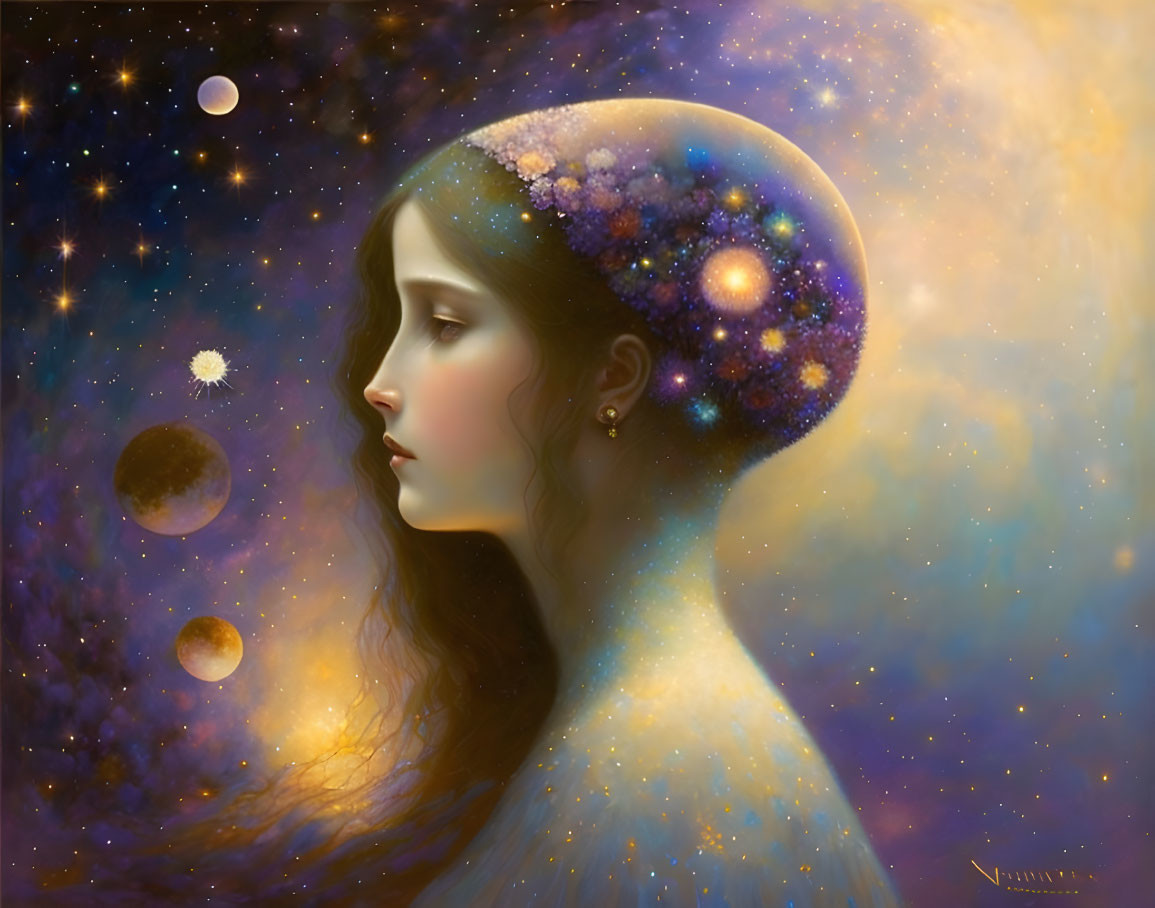 Surreal portrait of a woman with cosmic hairstyle and swirling galaxies