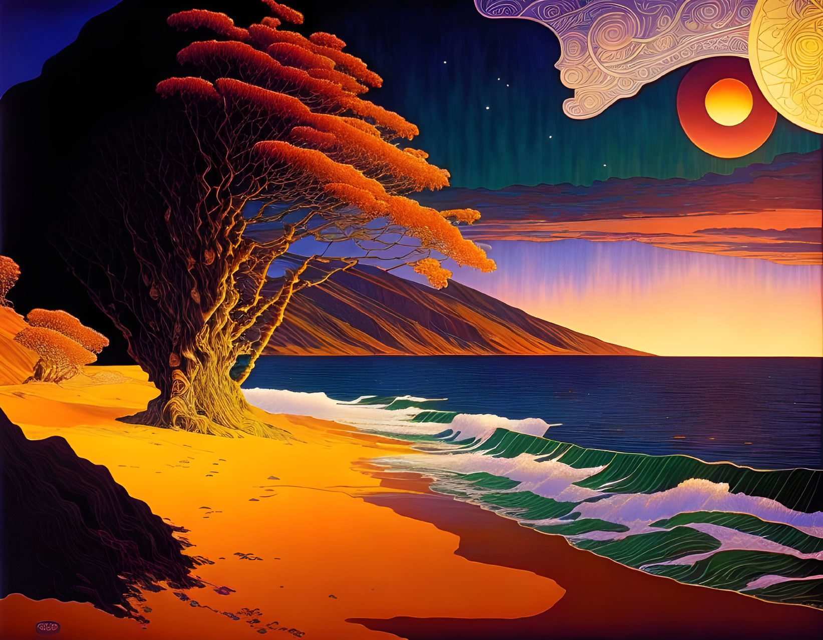 Colorful beach scene with unique tree, orange foliage, green waves, starry sky, and sun