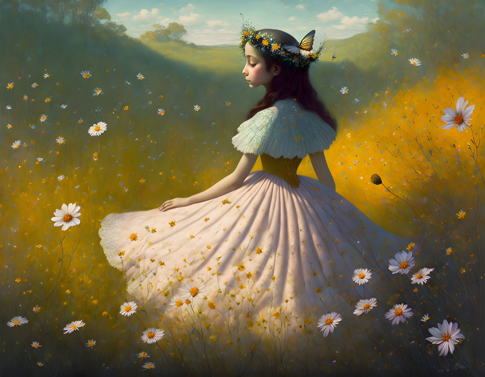 Woman in white dress with floral details sitting in sunlit meadow surrounded by daisies.