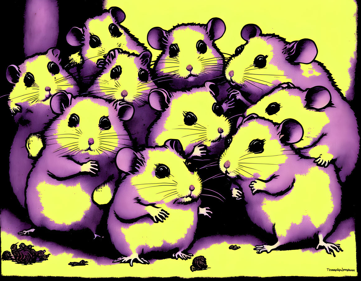 Illustration of Yellow and Purple Mice on Purple Background