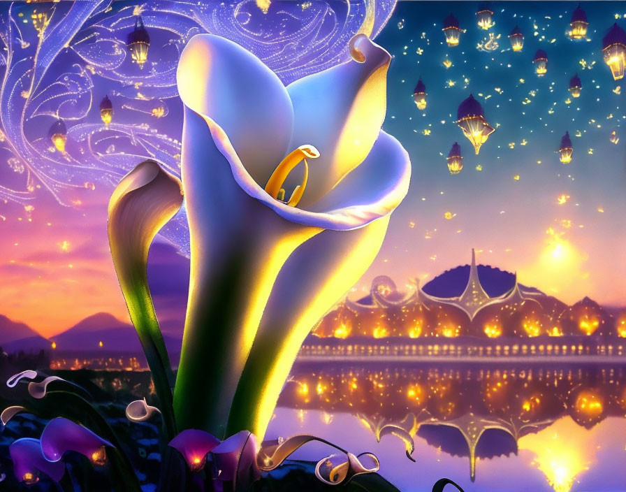 Digital artwork featuring calla lilies, lanterns, bridge, mountains under twilight sky