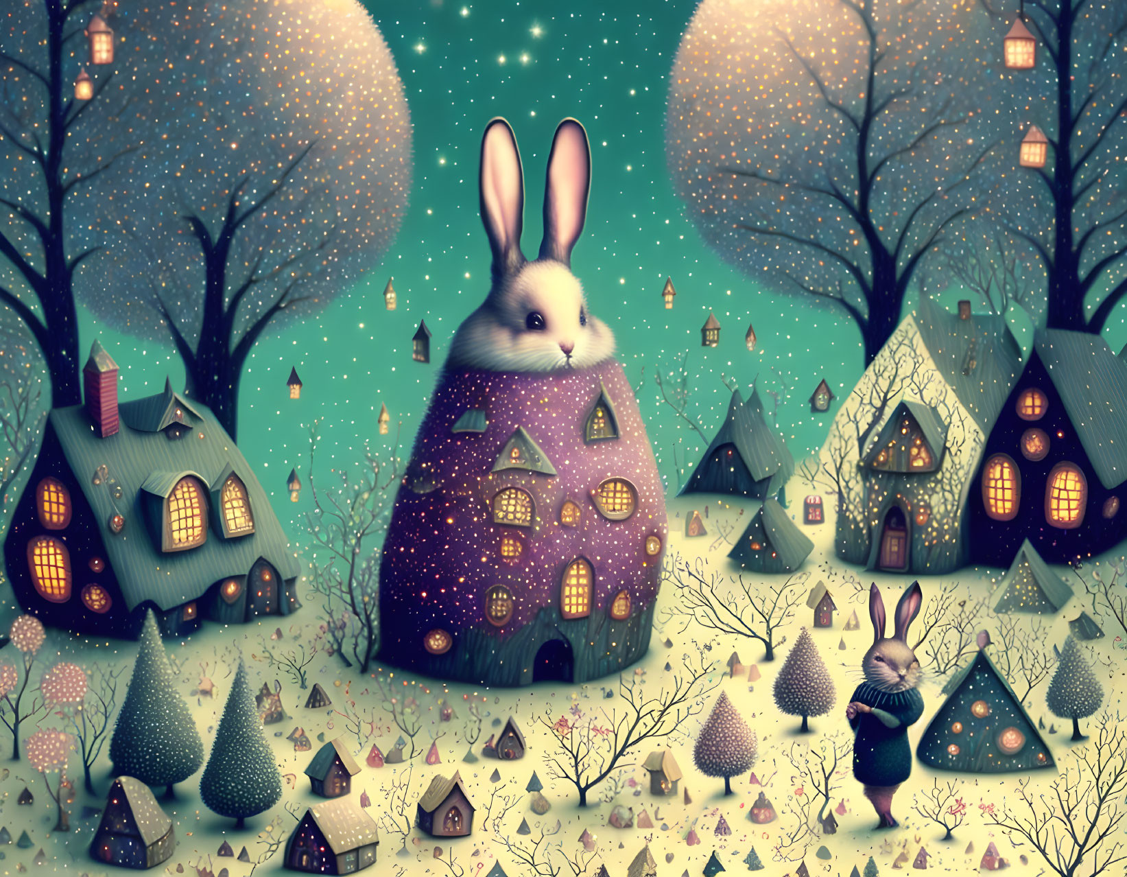 Fantasy rabbit village with rabbit-shaped houses under starry sky