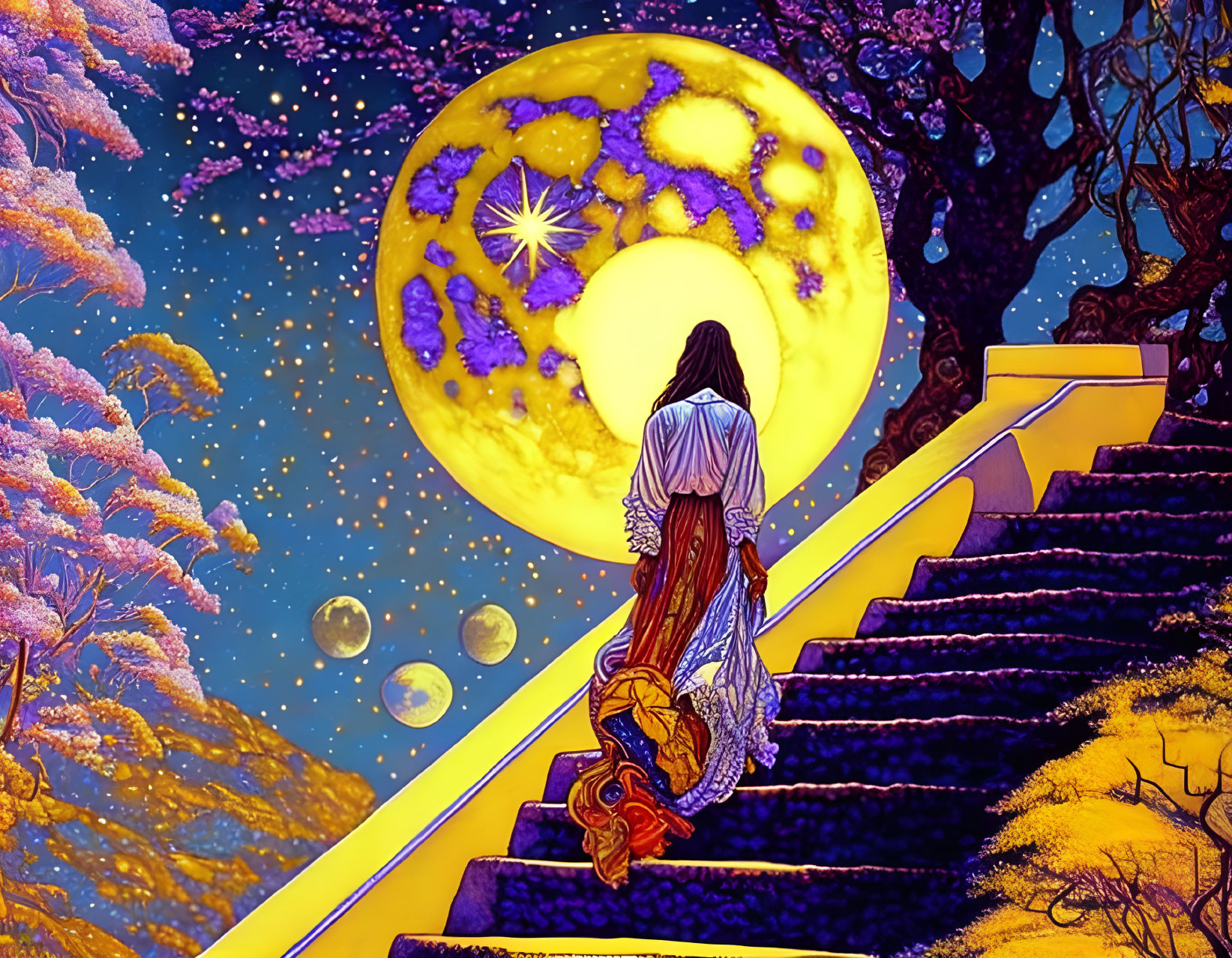 Person in robe climbs steps under vivid moon and starry sky with orbs and purple trees