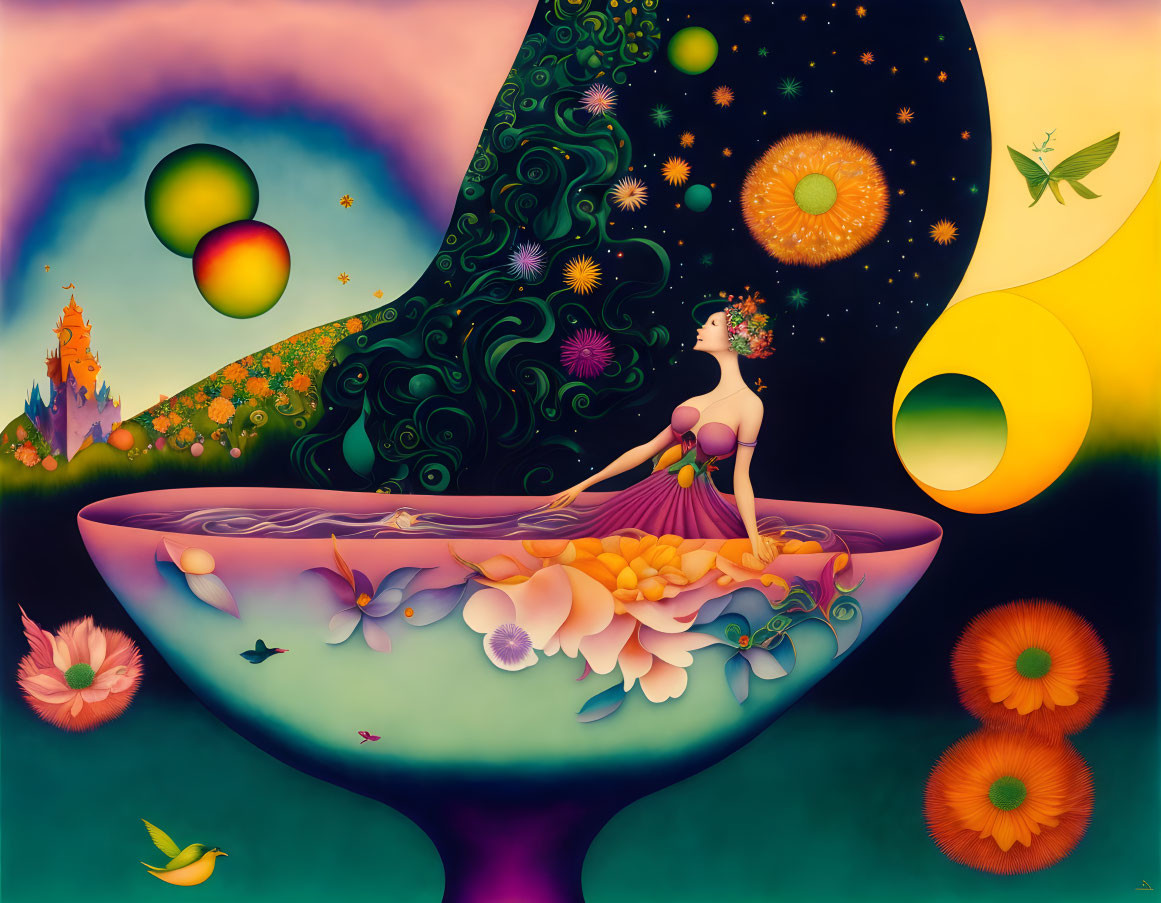 Surreal artwork of woman merging with colorful landscape