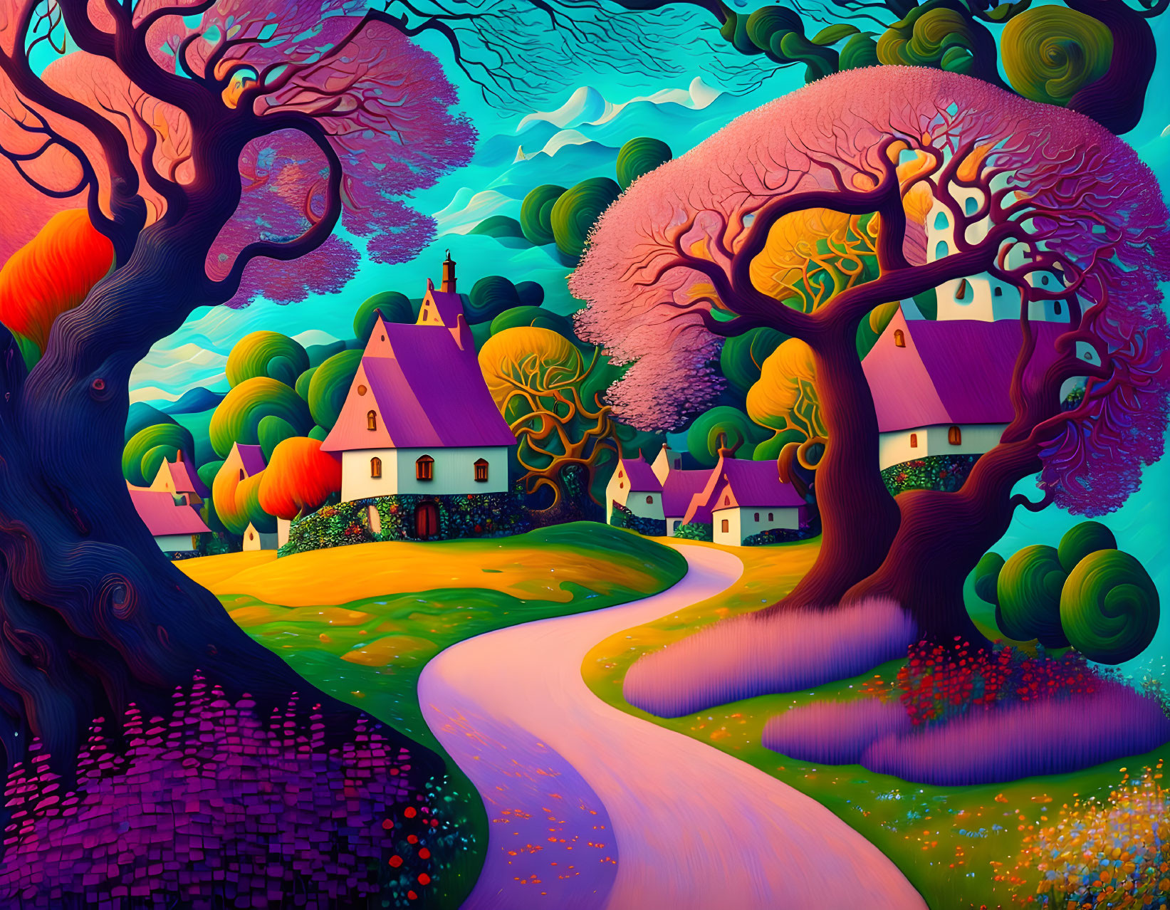 Surreal landscape with stylized trees, winding path, quaint houses, hills, and vivid blue