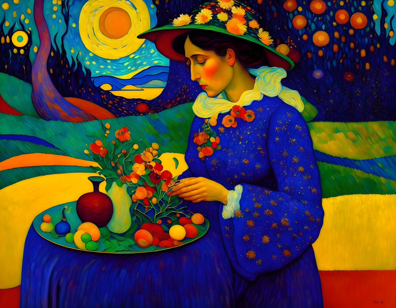 Colorful painting of woman arranging flowers in blue dress